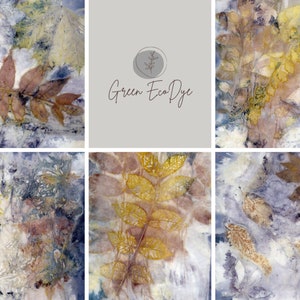 Könnte beinhalten: Botanische Kunstdrucke mit Blätterabdrücken in Braun-, Gelb- und Grüntönen auf einem aquarellartigen Hintergrund. Die Drucke haben eine natürliche, organische Ästhetik. Der Text "Green Eco Dye" ist in der Mitte zu sehen.