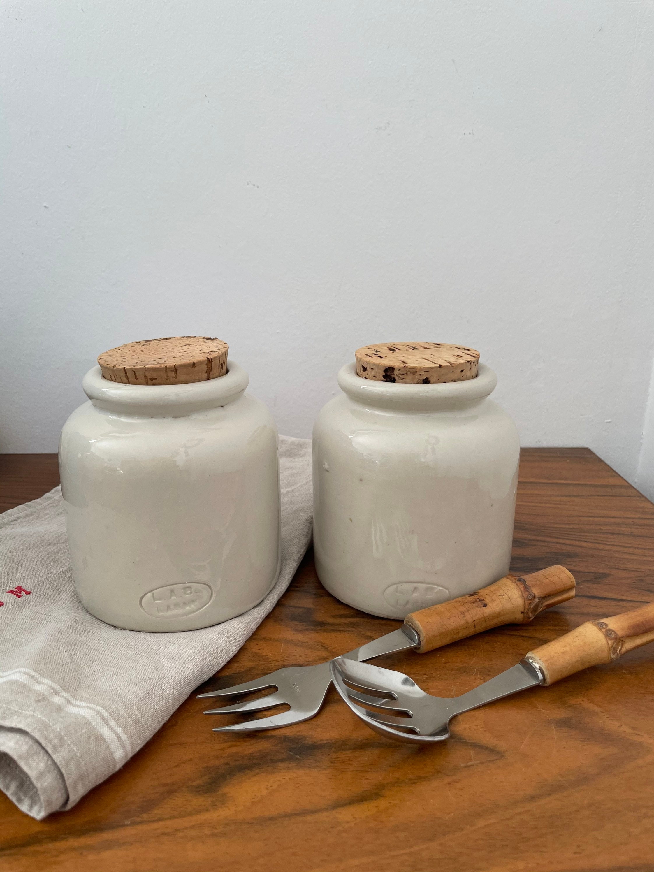 Set de Deux Pots à Moutarde Lab Lagny en Grès Beige Vernissé | France Antique Vintage avec Bouchon L