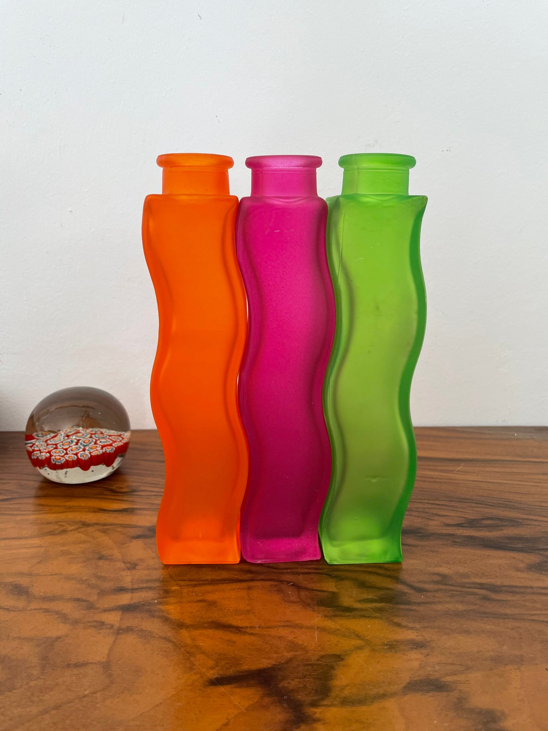 Set de 3 Vases Ikea Squiggle Wave en Verre Discontinued Soliflore Fluo Néon Rose Orange Vert