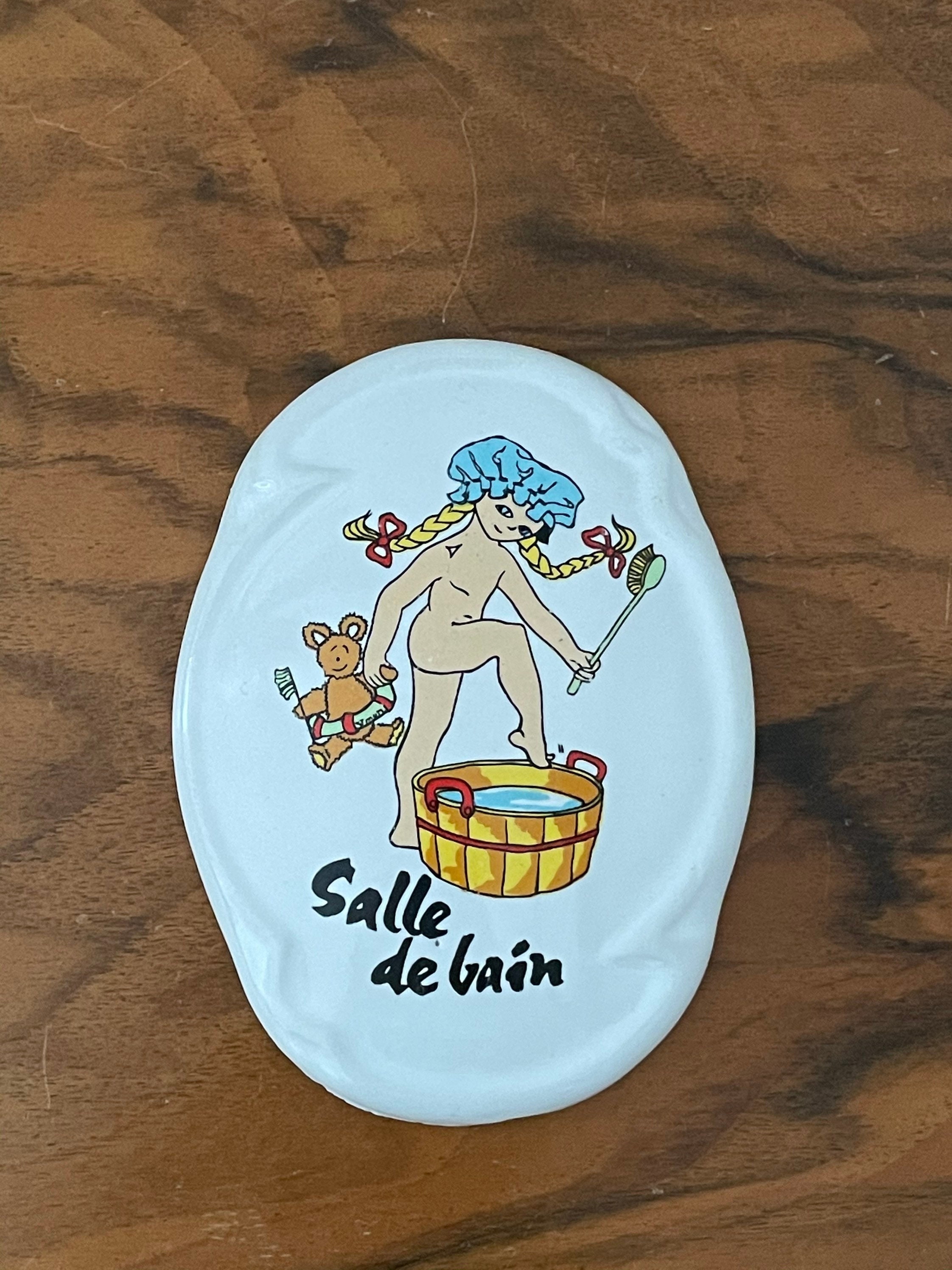 Plaque de Porte en Céramique Salle Bain Vintage Français 70 1970 French Ceramic