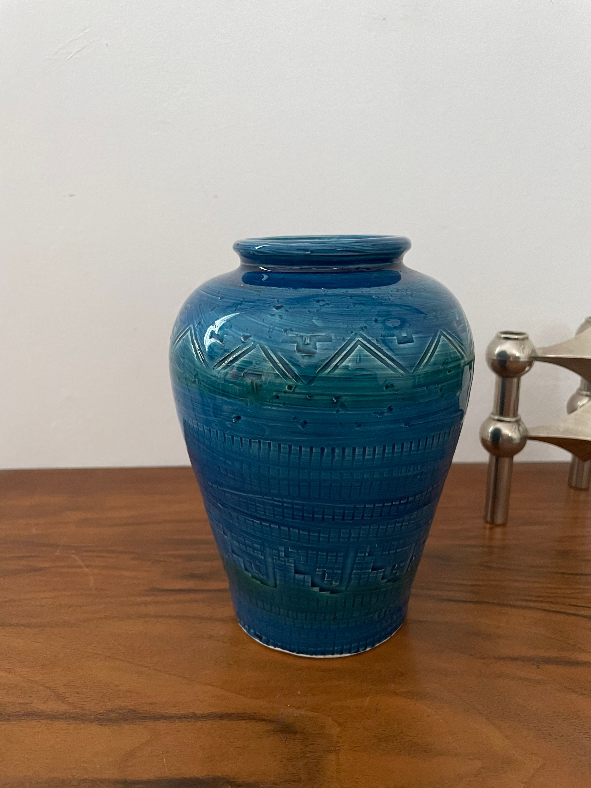Vase Céramique Bitossi Bleu Rimni Italie Italien Milieu Du Siècle Design Moderne 1970 Mcm Studio Pot