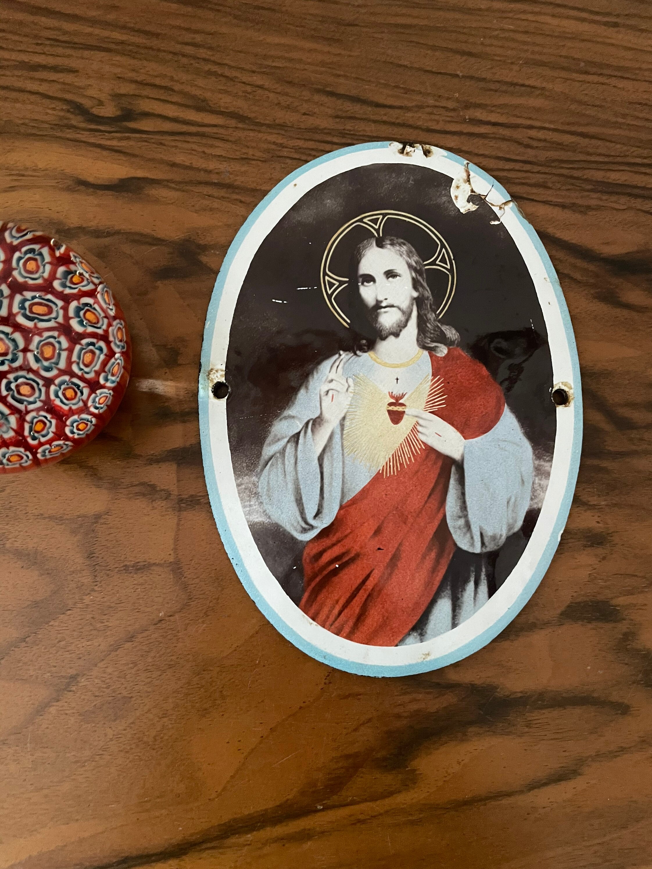 Plaque Religieuse Bénédiction Sacrée en Émail Ovale Christ Coeur de Marie Décoration Murale