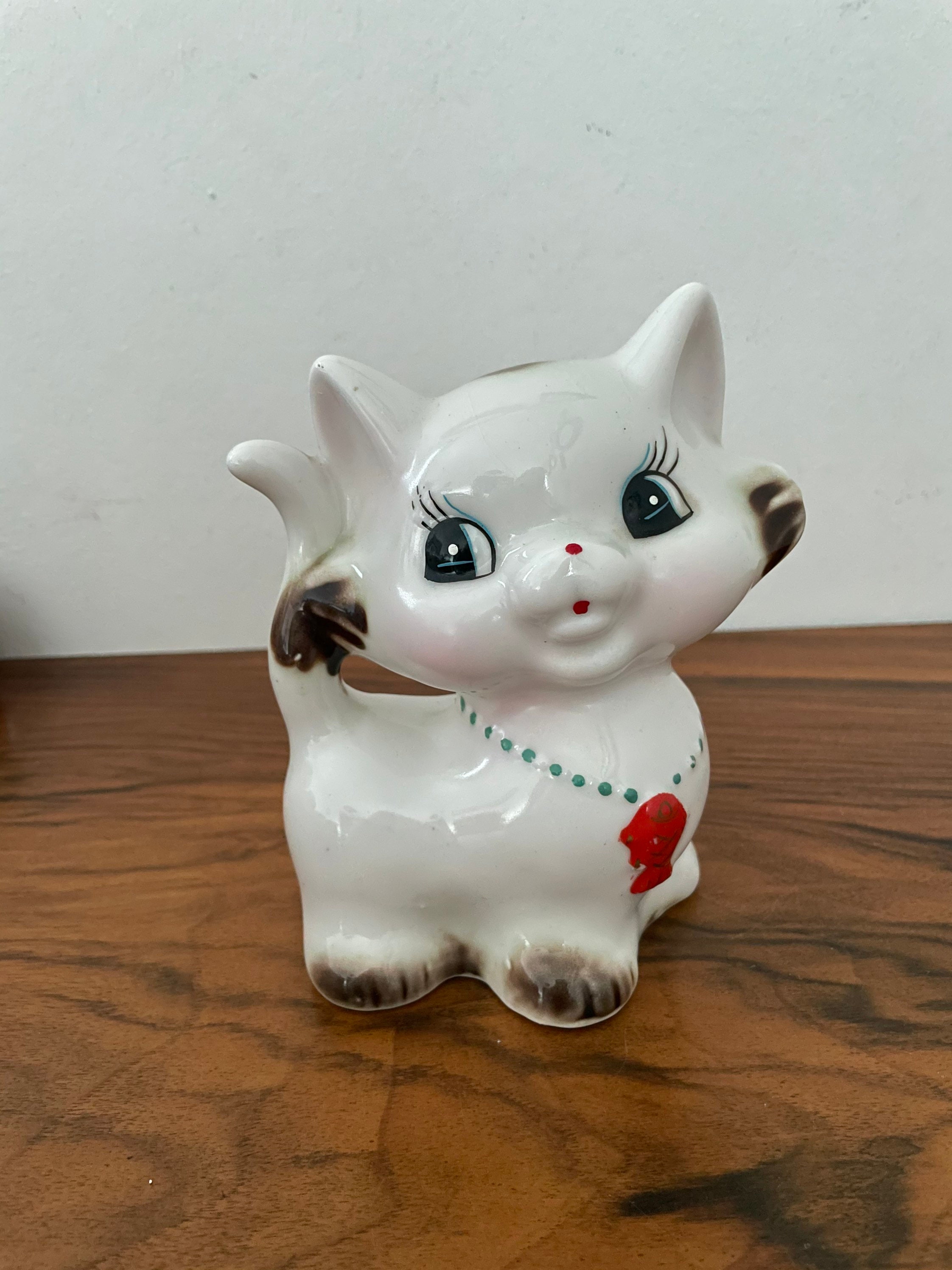 Tirelire Chat Antique Céramique Gros Yeux Made in China Vintage Girly Kawai Kitty Cat