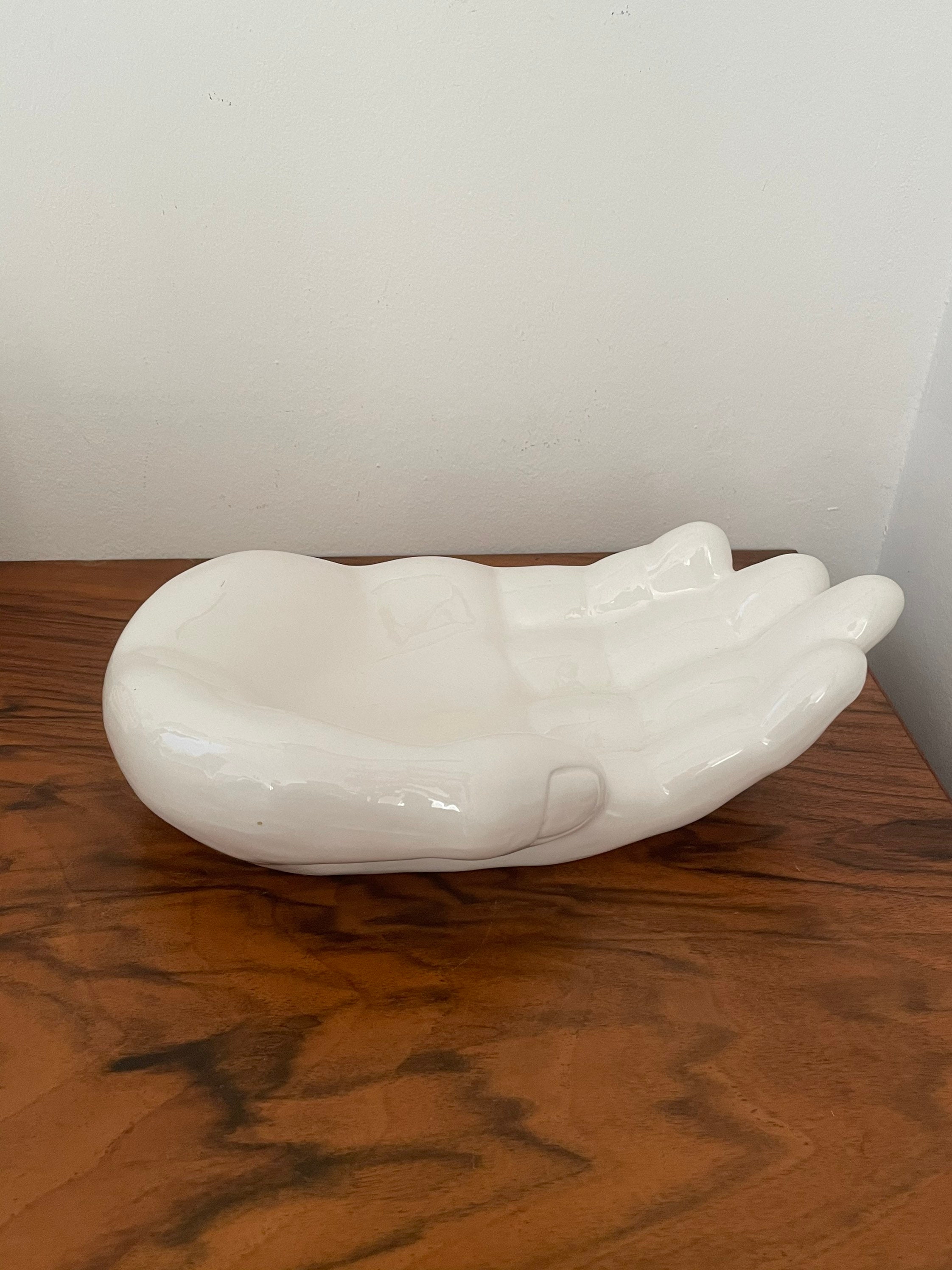 xl Vide Poche Main Géante/ Vintage Massif Modernist/Céramique Blanc Blanche Made in Taiwan