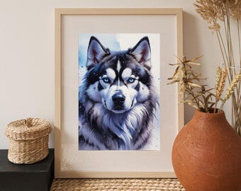 ハスキー犬の浮世絵風肖像画（日本産ハスキー犬）｜動物肖像画プリント