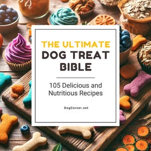 May include: A wooden table with a variety of dog treats, including bone-shaped treats, cupcakes, and fruit slices. The text "THE ULTIMATE DOG TREAT BIBLE 105 Delicious and Nutritious Recipes DogCorner.net" is displayed on a white rectangle.