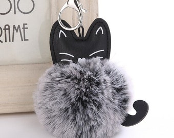 Lovely Cartoon Cat Keychain with Fluffy Pom Pom / Plush Cat Fur Keychain for bag, backpack / Gift For Her Girl Daughter