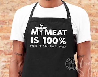 Grembiule divertente per uomo, grembiule da barbecue, grembiule da barbecue per uomo, grembiule divertente, grembiule divertente da barbecue, regalo per la festa del papà, grembiule "la mia carne andrà al 100% nella tua bocca"