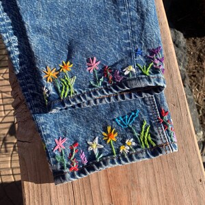 ohyeahrock Vintage Embroidered Floral Jeans, Blue Embroidered Denim Pants, Handmade Boho Jeans, Summer Cropped Pants, Soft Cotton Jeans, Gift for Her