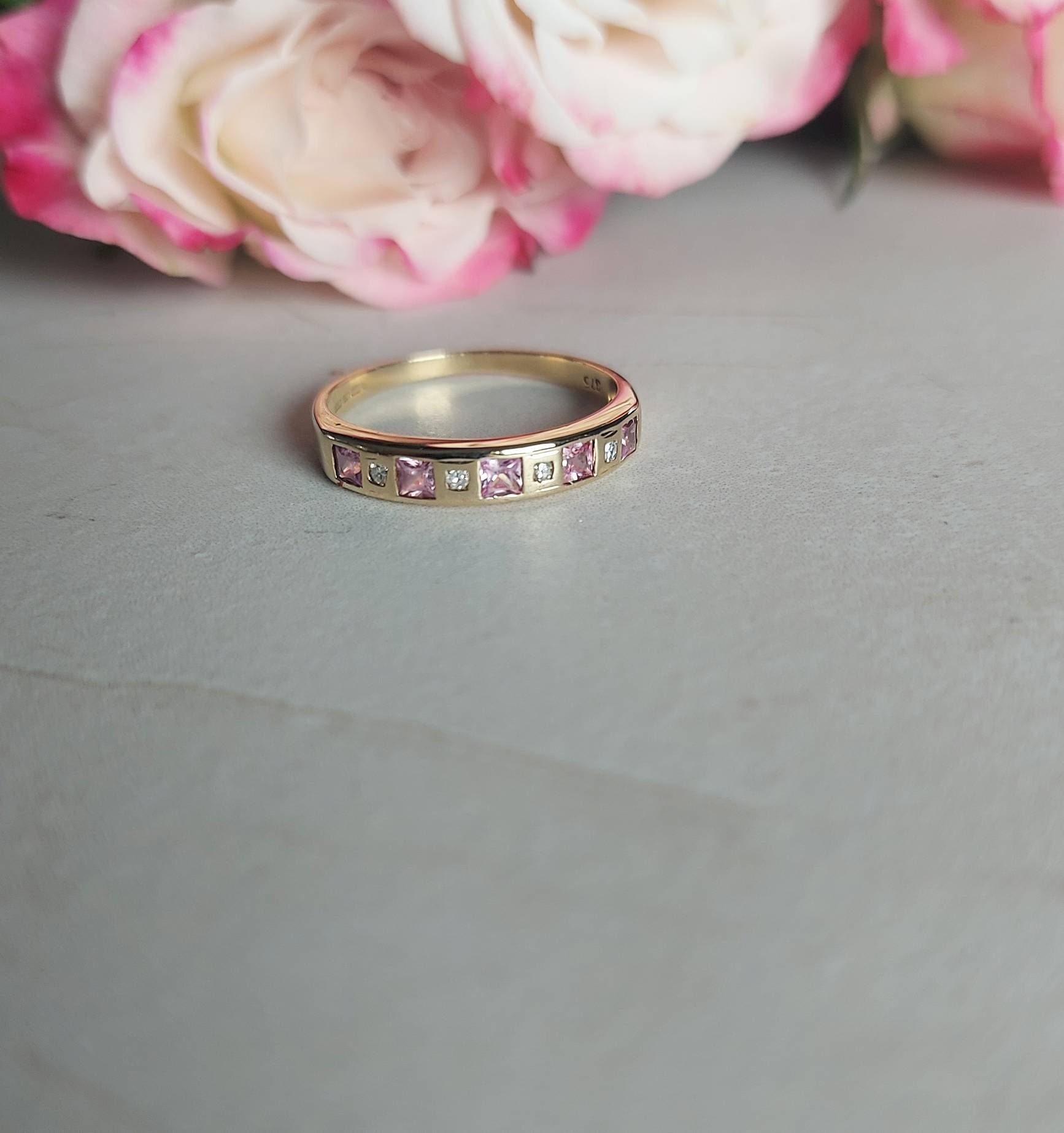 9ct Solid Gold Pink and Clear Stone Fancy Half Eternity Ring - Etsy
