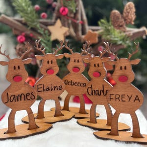 May include: Five wooden reindeer place cards, each with a name: James, Elaine, Rebecca, Charlie, and Freya. They have red noses and stand on wooden bases. A Christmas tree and star decorations are in the background.