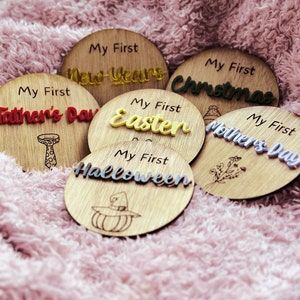 Pietre miliari delle vacanze 3D / Disco di pietra miliare in legno / I miei primi pennarelli fotografici / Ricordo del primo anno del bambino / Accessorio per foto del bambino / Regalo per la festa del bambino