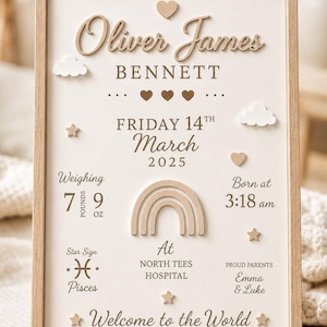 May include: A rectangular wooden-framed birth announcement sign featuring raised beige and white elements. The text reads Oliver James Bennett, Friday 14th March 2025, weighing 7 pounds 9 oz, born at 3:18 am, Pisces, North Tees Hospital, Emma & Luke.