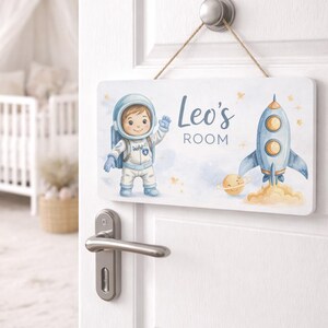 Plaque de porte personnalisée Space pour chambre de bébé | Plaque en MDF, astronaute, fusée
