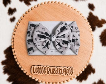 READY TO SHIP Branding Longhorns Western Cowgirl Bow on Nylon Clip Piggies Headwrap Top Knot Messy Wrap Rose Knot