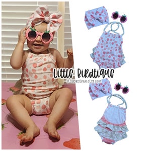 Strawberry Ruffle Bum Romper or Bow on Nylon, Clip, Piggies, Headwrap, Top Knot, Rose Knot