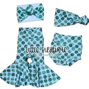 Lucky Smiley Shamrock St Patrick&#39;s Outfit Pieces Top Knot Headwrap Nylon Clip Piggies Bodysuit Tshirt Bummies Bells Separates