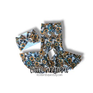 Gemstone Sunflower Western Cowgirl Bow on Nylon Clip Piggies Headwrap Top Knot Messy Wrap Rose Knot Bummies Bell Bottoms Outfit Separates