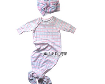 Newborn Knotted Sleeper Gown Hospital Stripes Boujee Baby Nylon Bow Headwrap Top Knot Messy Wrap Rose Knot Knotted Hat Bloom Turban