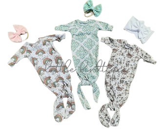 Newborn Knotted Sleeper Gown/Bow Headwrap/Knotted Hat