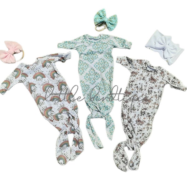 Newborn Knotted Sleeper Gown/Bow Headwrap/Knotted Hat