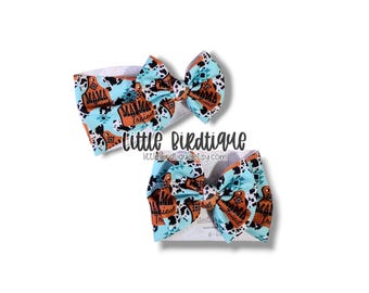READY TO SHIP Mama Tried Cow Tag Western Bow on Nylon Clip Piggies Bow Headwrap Top Knot Messy Wrap Rose Knot