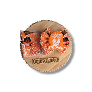 May include: An orange and white fabric bow with a dog wearing sunglasses graphic. The bow is on a wooden display with the text "Little Birdtique". The bow features the text "Smokey" and "Tennessee Volunteers".