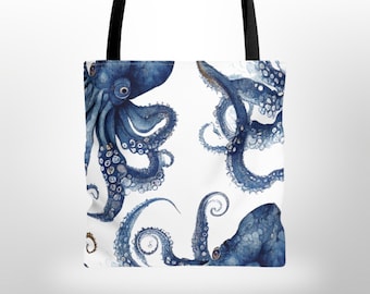 Blue Octopus Tote, Octopus Bag, Coastal Tote Bag, Beach Cottage Tote, Summer Tote, Beach House Decor, Nautical Tote, Blue Octopus