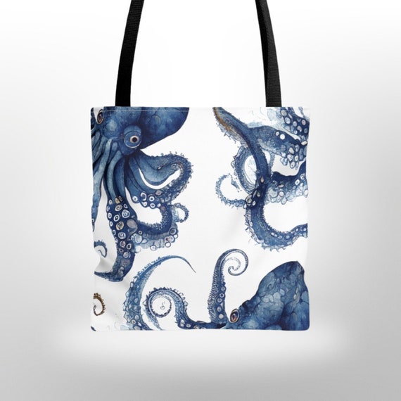 Blue Octopus Tote, Octopus Bag, Coastal Tote Bag, Beach Cottage Tote, Summer Tote, Beach House Decor, Nautical Tote, Blue Octopus