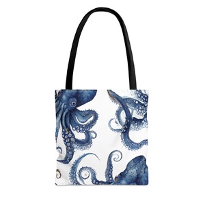 Blue Octopus Tote, Octopus Bag, Coastal Tote Bag, Beach Cottage Tote, Summer Tote, Beach House Decor, Nautical Tote, Blue Octopus image 3
