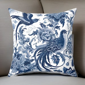 Blue Classic Floral Pillow, French Toile Pattern, Botanical Floral Pillow, Blue Birds Pillow, Unique Design Pillow