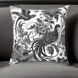 Grey Floral Pillow Coastal Style, French Toile Pattern, Botanical Floral Pillow, Gray Birds Pillow, Unique Design Pillow