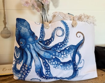 Blue Octopus Bag, Octopus Bag, Coastal Beach Bag, Beach Cottage Tote, Summer Tote, Beach House Decor, Nautical Tote, Blue Octopus