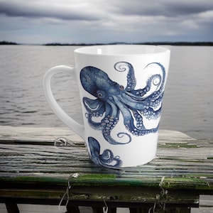 Blue Octopus Coffee Mug - Striking Design, High-Quality Ceramic Material, Coastal Charm, Abstract Octopus Pattern, 12oz