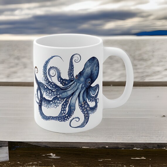 Blue Octopus Coffee Mug - Striking Design, High-Quality Ceramic Material, Coastal Charm, Perfect for Home, Office, & Gifts. 11oz Capacity