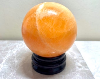 Natural Orange Calcite Crystal Ball + Wooden Stand, 90 mm Sphere, Geode Orb Decor, Special Gift