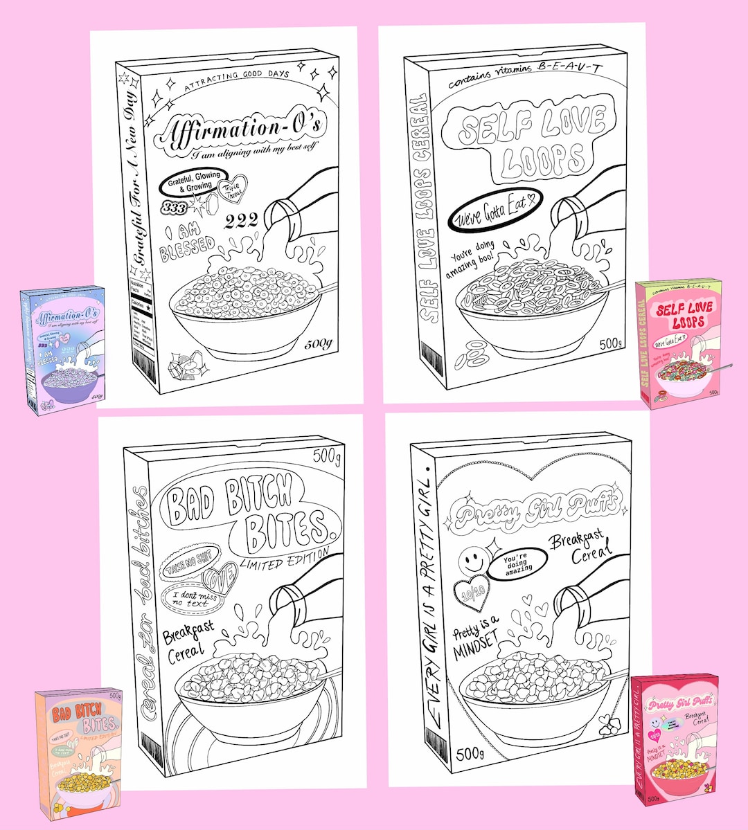 Set of A4 Colour in Sheets - Cereal Box Prints - Self Love Loops ...