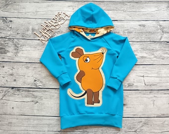 EINZELSTÜCK Größe 116 Kapuzenpullover die Maus - Pullover/Hoodie für Mädchen und Jungs türkis/braun/orange