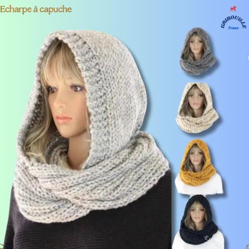 Écharpe à Capuche Avec Oreilles - Bonnet Intégré Tricoté - Coupe-vent Hiver Pour Femme Et Garçon - Modèle 2 En 1