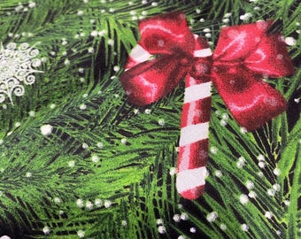 100% Cotton Christmas Fabric, Candy Cane Snowflakes Bows Print, Quilt Crafting (1.77 Yards)