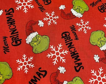 2022 How the Grinch Stole Christmas Robert Kaufman 100% cotton on red "Merry Grinchmas" BTY