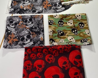 Alexander Henry Skull-finity in red, camo skulls and chalk skull fabric remnants, 100% pre-shrunk cotton. See description for sizes