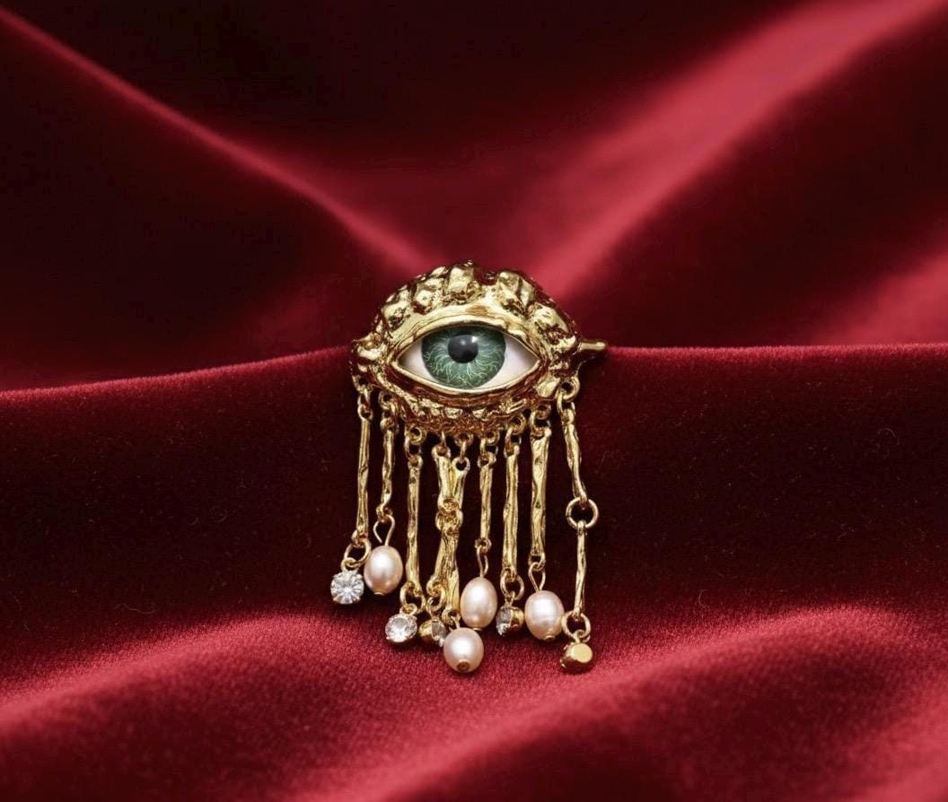 Broche Vintage Perles Noires Facettées Irisées Et Opalite - Ancienne, Très Bon état