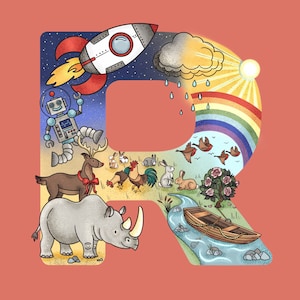 Decoração de berçário com letra R, estampas de berçário, arte de parede de berçário, presente personalizado para bebê, arte de parede infantil, arte de carta