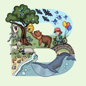 Decoración de la guardería de la letra B, grabados infantiles, arte de la pared de la guardería, regalo personalizado para bebés, arte de la pared para niños, obras de arte con letras