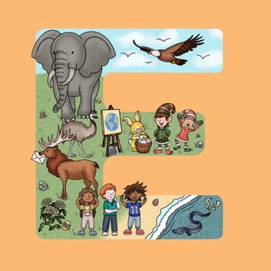 Decoração de berçário letra E, estampas de berçário, arte de parede de berçário, presente personalizado para bebê, arte de parede infantil, arte de carta