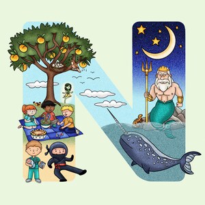 Decoração de berçário letra N, estampas de berçário, arte de parede de berçário, presente personalizado para bebê, arte de parede infantil, arte de carta