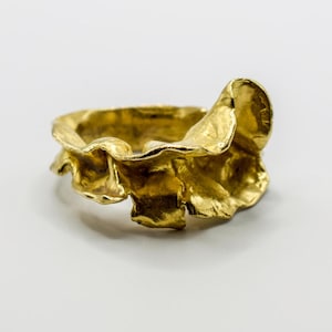 Puede incluir: Un anillo dorado con un diseño orgánico y texturizado. El anillo presenta una apariencia arrugada, similar a un pétalo, con una forma escultural y fluida. El anillo está sobre un fondo blanco, resaltando sus intrincados detalles y brillo metálico.