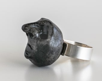Anillo Cara de Luna Negra, Anillo de Arcilla Escultórica, Banda de Plata de Ley