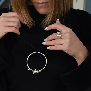 925 Silver Pendant, Contemporary Pendant, Long Black Cord Pendant, Large Geometric Circle Pendant, Arty Contemporary Jewelry Design, Boho